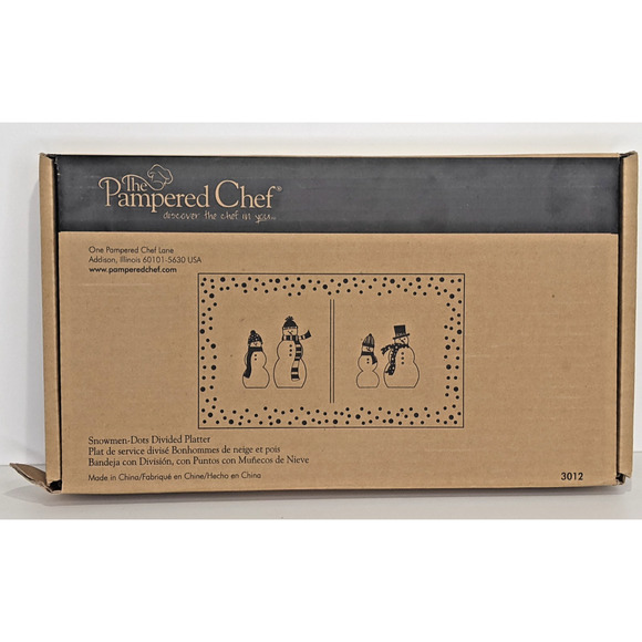 Pampered Chef Snowman-Dots Divided Platter Glass #3012 New Open Box 13.5 x 7.5" - Picture 3 of 4